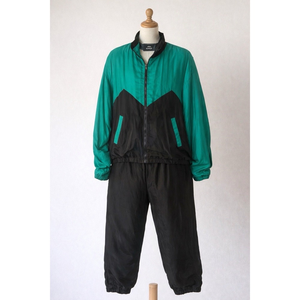 Vintage 90s Silk Club 100% Silk Track Suit Green Black Colorblock‎ Warm Up Set L